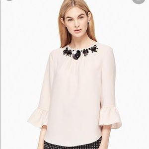 Kate Spade Women’s Embellished Crepe Top Medium Pink Ruffled Sleeve